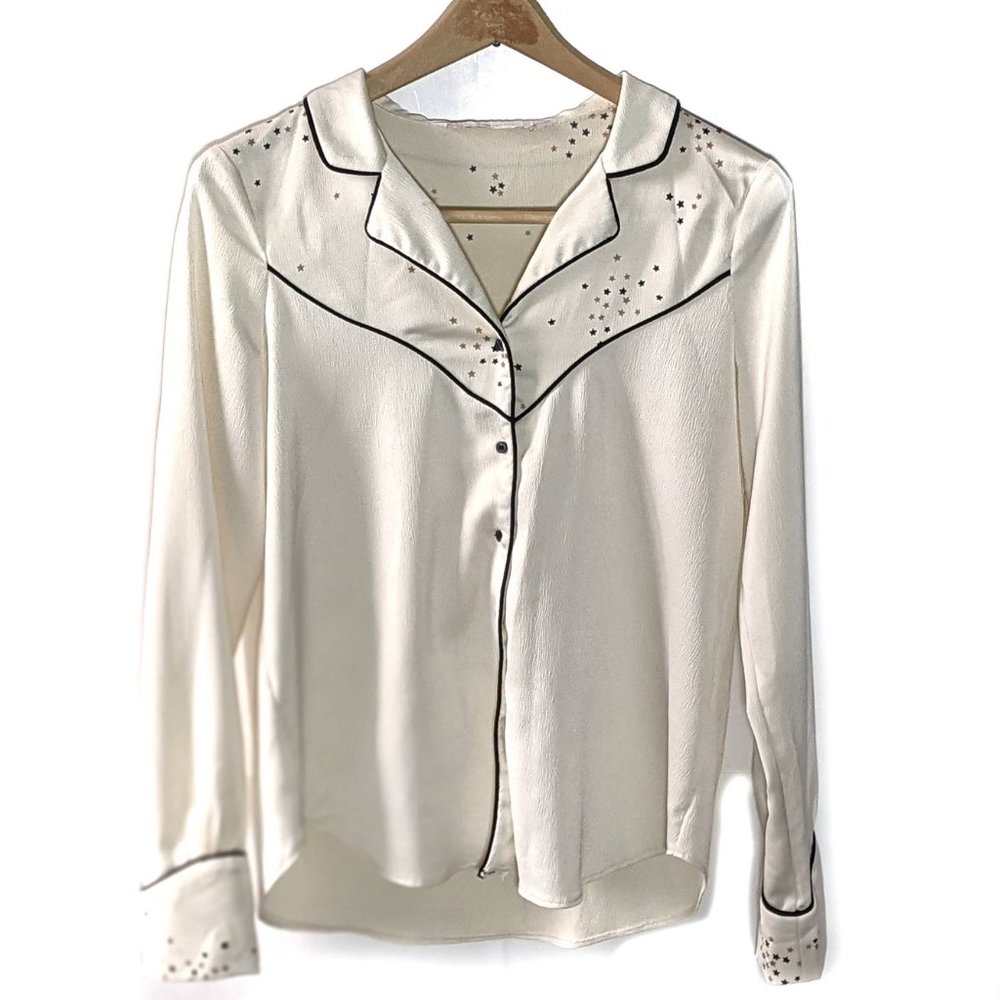 Zara Trafaluc Star print Long Sleeves Collared Blouse Sz S
